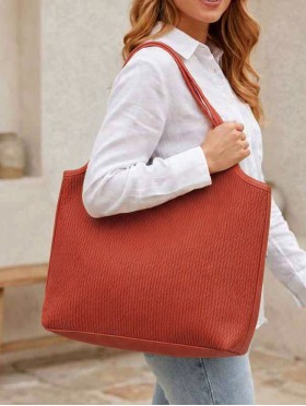 Faux Leather Ribbed Satchel Bag with Strap 